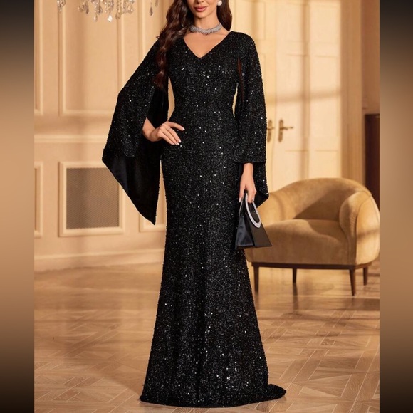 Luxe V neck champagne bell formal evening party prom wedding gown dress - Picture 6 of 15